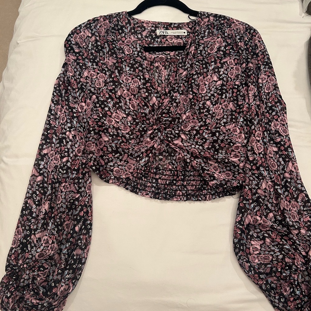 Zara Black and Pink Smocked Crop Blouse